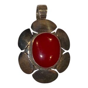 Vintage Red Coral Sterling Silver Floral Pendant Mexico 925